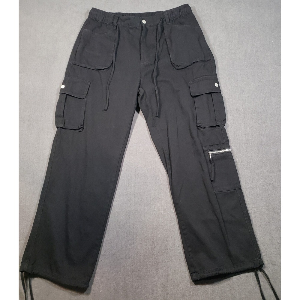 CASEI Cargo Pants Mens XL Black Multi-Pocket Drawstring Hem Cotton Streetwear